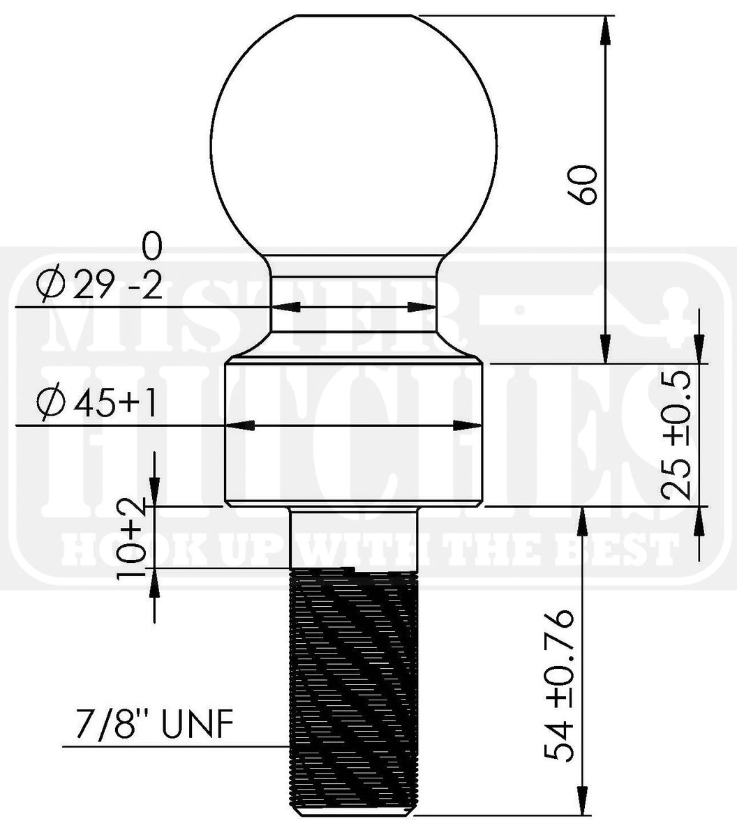 Mister Hitches Hi-Rise Tow Ball 3500kg, 25mm shoulder H.T. 40Cr AS4177